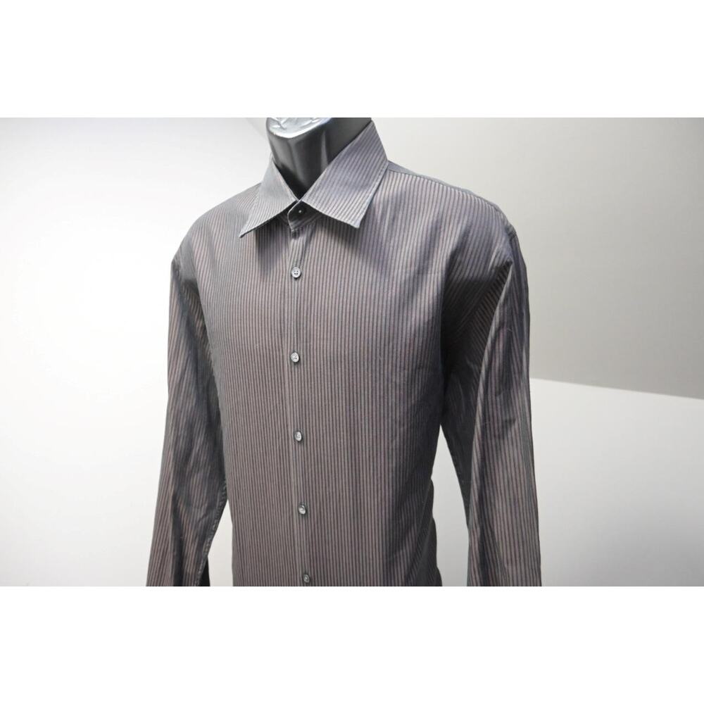 Hugo Boss Dress Shirt Brown Striped Designer Button Up Mens Size 17 36/37 XL